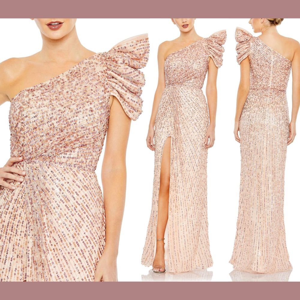 NWT $538 Mac Duggal [ 0 ] Embellished Puff One Shoulder Gown‎ In Silver #G1660